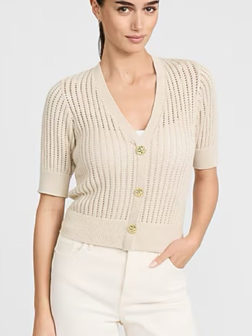 Express Warm Ivory Open Stitch V-Neck Elbow Sleeve Novelty Button Cardigan